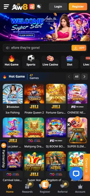 AW8 Pro mobile home screen with game categories and bottom menu