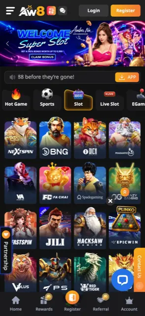 AW8 Pro Singapore mobile slot lobby showing provider tiles