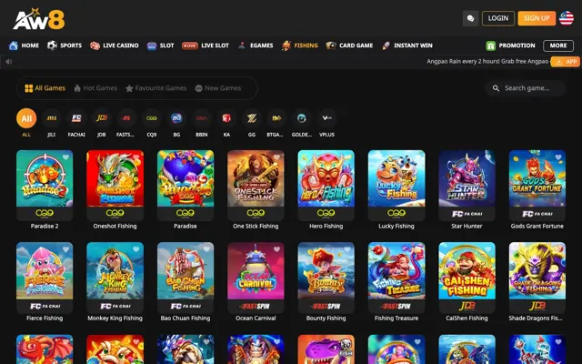 AW8 Pro fishing games lobby with JILI, Fa Chai and JDB fishing titles