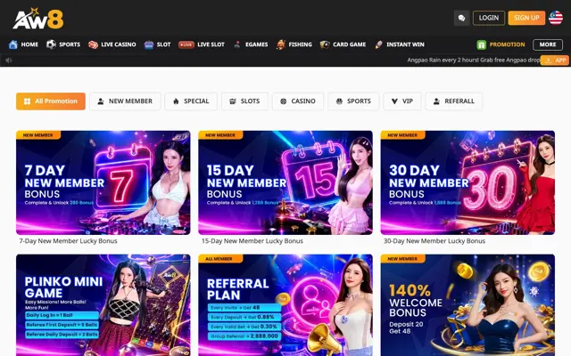 AW8 Pro promotions page with new-member lucky bonuses, Plinko mini game, referral plan and 140% welcome bonus