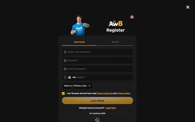 AW8 Pro registration form with username and mobile tabs