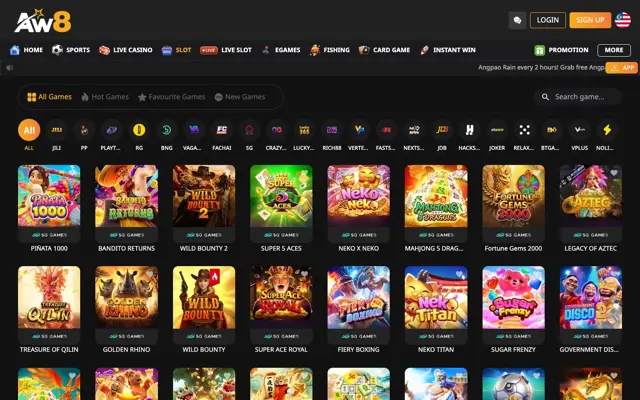 AW8 Pro slot lobby with a row of provider filters including JILI, Pragmatic Play, Playtech and Fa Chai