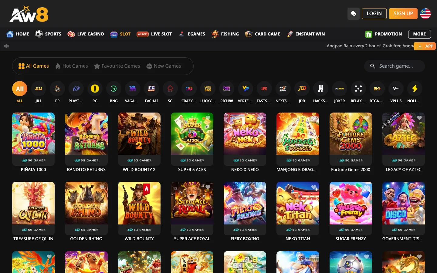 AW8 Pro slot lobby with provider filters