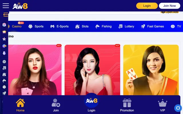 Original AW8 Singapore site lobby with casino, sports, slots, fishing and lottery tabs