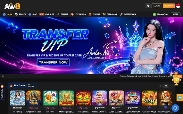 AW8 Pro Singapore homepage with a Transfer VIP banner and hot games