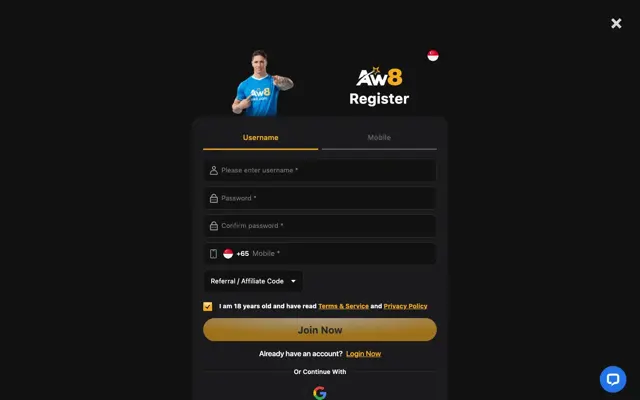 AW8 Pro Singapore registration form with username and mobile tabs