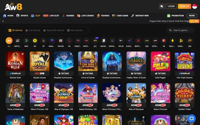 AW8 Pro Singapore slot lobby with provider filters including NextSpin, BNG, Pragmatic Play and Fa Chai