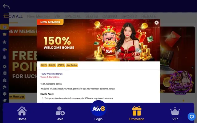 AW8 150% Welcome Bonus terms window on the AW8 Singapore promotions page