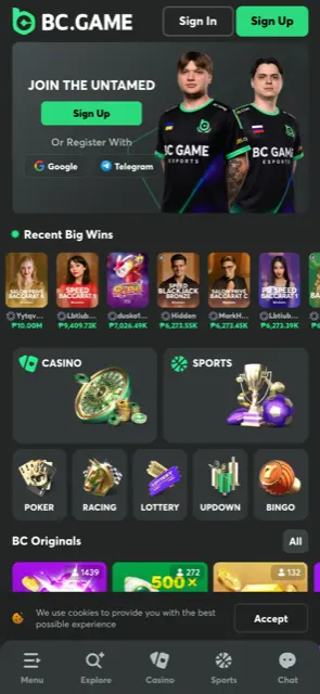 BC.Game mobile site with casino, sports, poker, lottery and bingo tiles