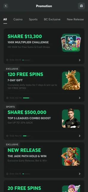 BC.Game mobile promotions page