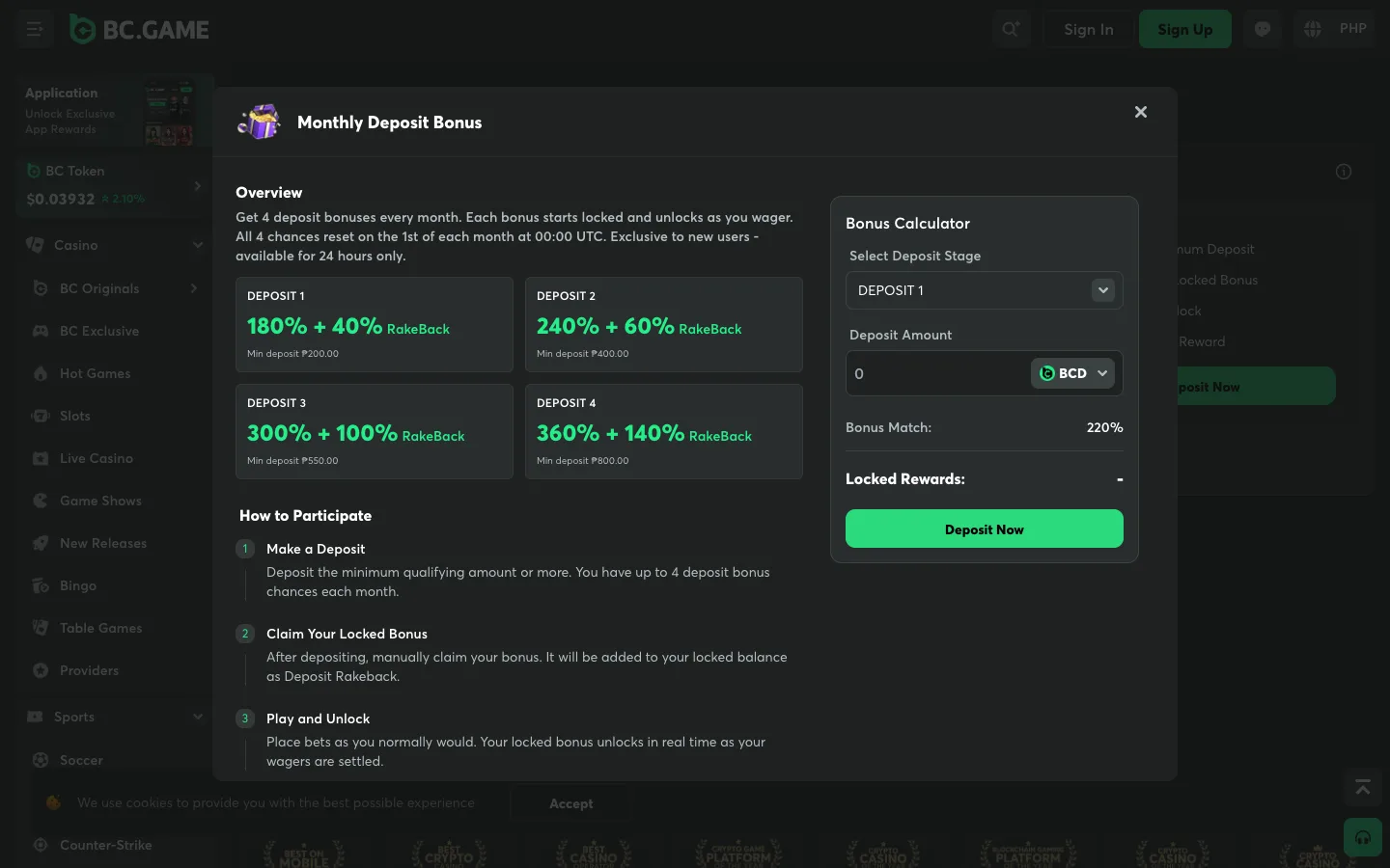 BC.Game Monthly Deposit Bonus with four stages and peso minimums