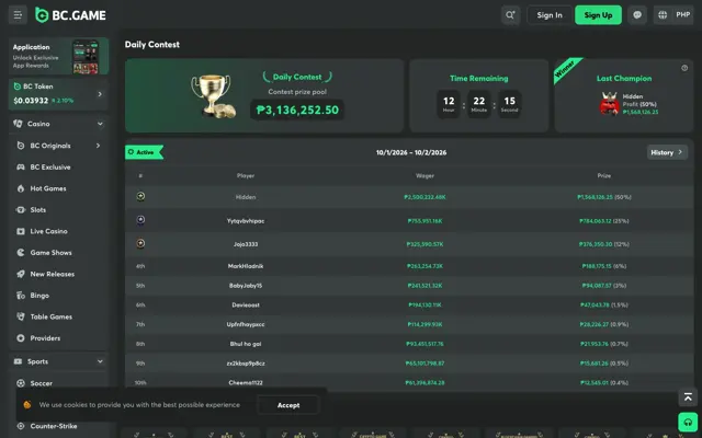 BC.Game Daily Contest leaderboard with a 3.1 million peso prize pool