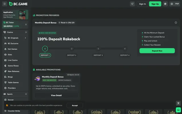 BC.Game Deposit Offer page with the New User Booster at 220% deposit rakeback