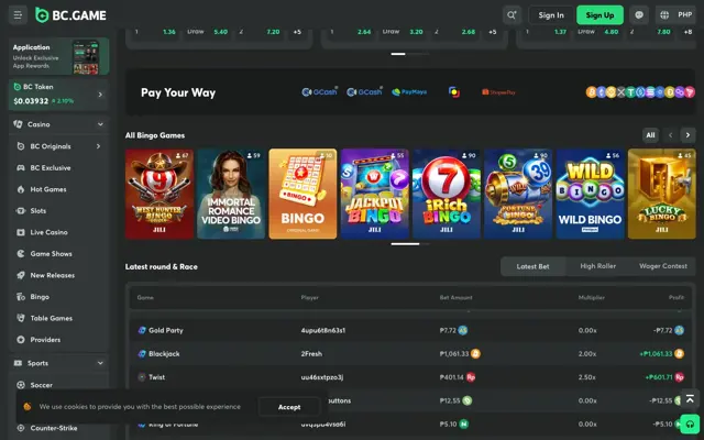 BC.Game Pay Your Way strip showing GCash, PayMaya, QR Ph and ShopeePay next to crypto coins