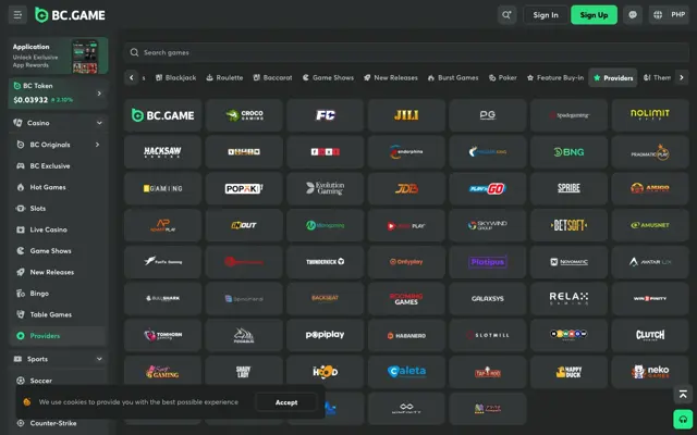 BC.Game providers page with 61 game studios
