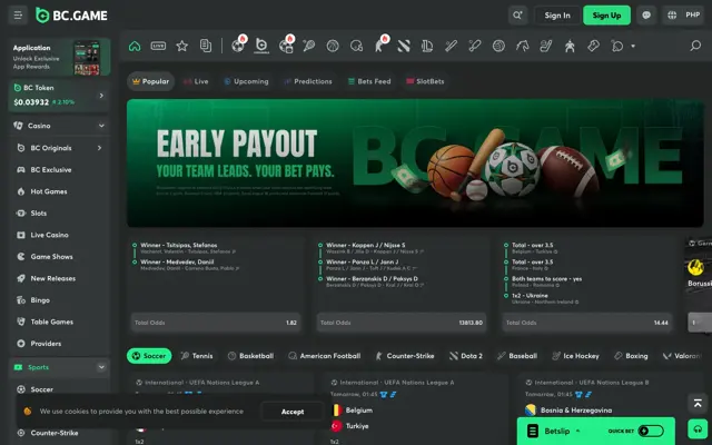 BC.Game sportsbook with Early Payout banner and soccer, tennis and esports tabs