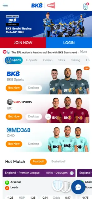 Laman mudah alih BK8 Malaysia dengan butang Join Now dan Login serta tab sukan