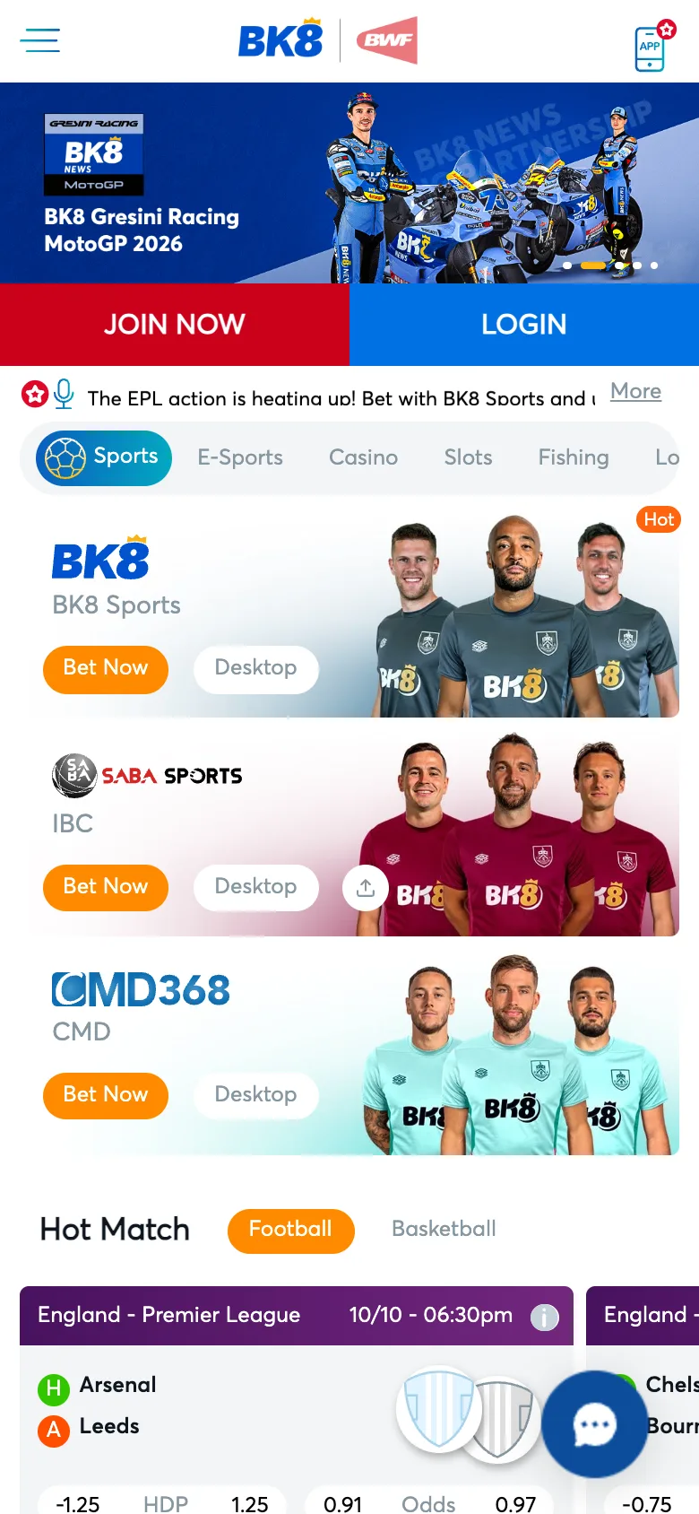 Laman mudah alih BK8 Malaysia dengan butang Join Now dan Login serta tab sukan