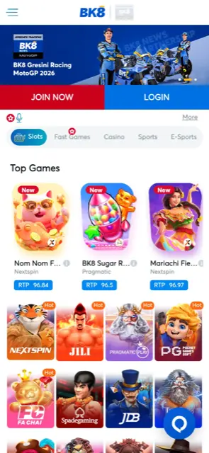 BK8 mobile site with Join Now and Login buttons and game tabs