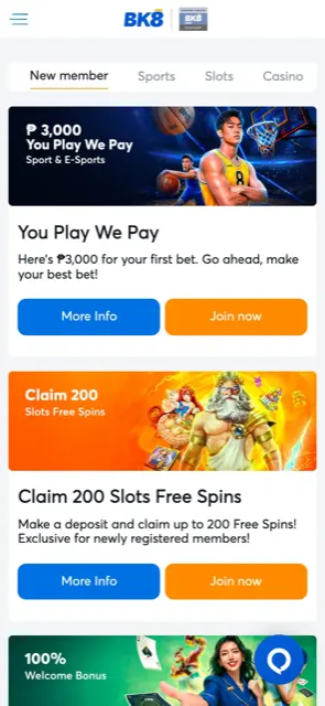 BK8 mobile promotions page with the ₱3,000 You Play We Pay offer