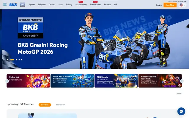 Laman utama BK8 Malaysia dengan banner BK8 Gresini Racing MotoGP 2026 dan jubin promosi
