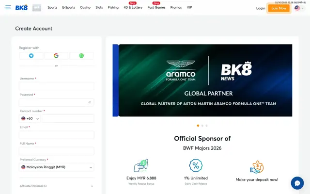 Borang pendaftaran BK8 dengan nombor +60 dan mata wang Ringgit Malaysia
