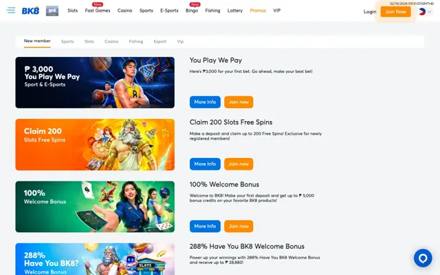 BK8 promotions page with You Play We Pay, 200 free spins, 100% and 288% welcome bonuses