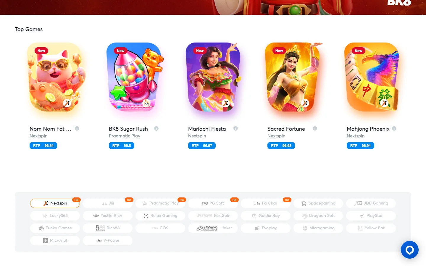 BK8 slots lobby with 23 slot providers including JILI, PG Soft and Fa Chai