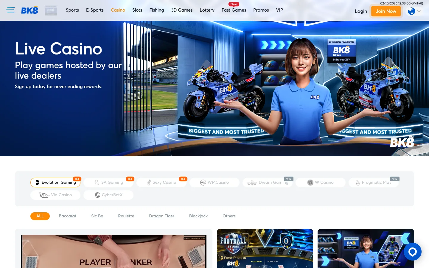 BK8 Singapore live casino lobby with Evolution, SA Gaming, Sexy Casino and WM Casino