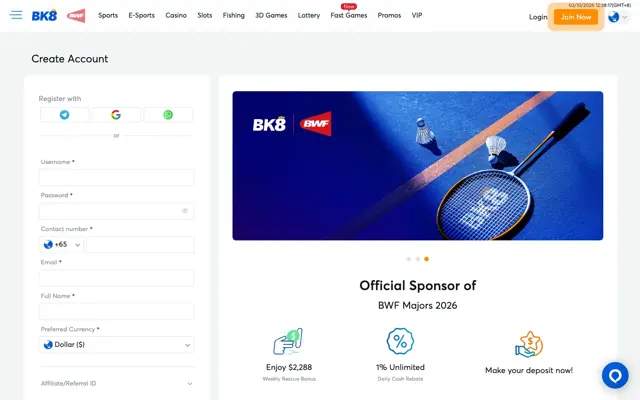 BK8 Singapore sign-up form with a +65 phone number and Dollar currency
