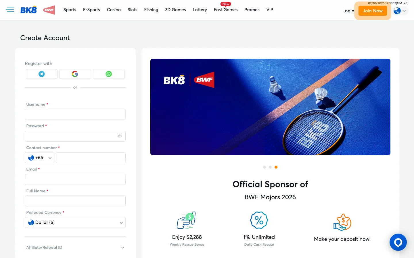 BK8 Singapore sign-up form with a +65 phone number and Dollar currency