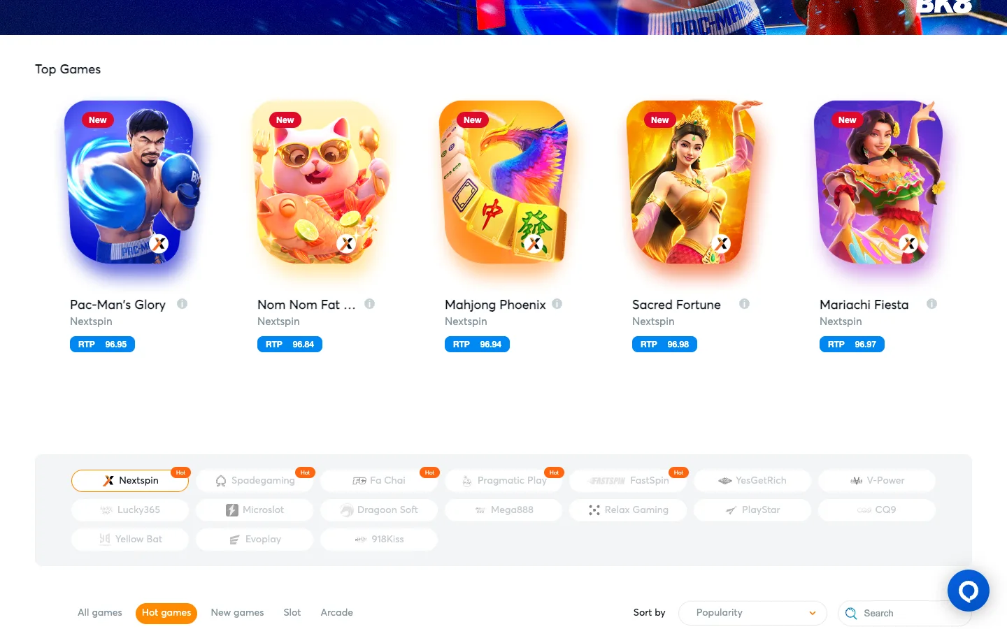 BK8 Singapore slots lobby with Nextspin, Spadegaming, Fa Chai, Pragmatic Play and Mega888