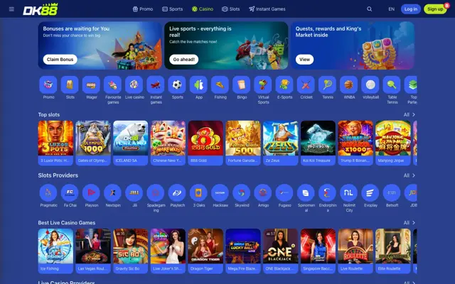 DK88 casino lobby with game categories and featured slots