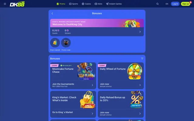 DK88 promotions page with tournaments, Daily Wheel of Fortune and daily reload