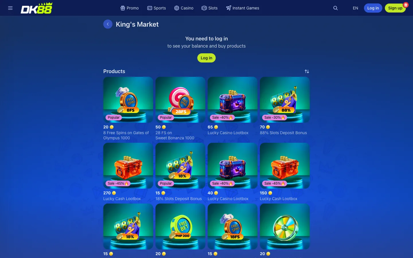 DK88 King's Market loyalty shop listing free spins, deposit bonuses and lootboxes