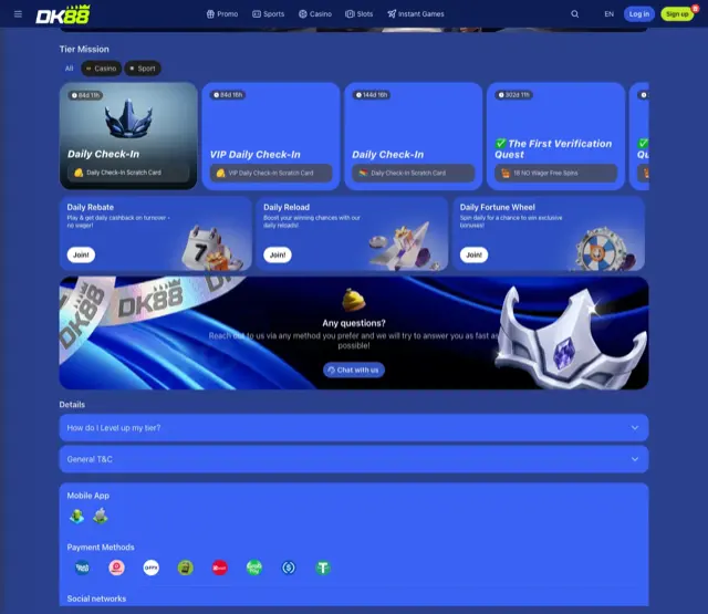 DK88 footer payment strip with GrabPay, online banking, USDC and USDT alongside Malaysian wallets