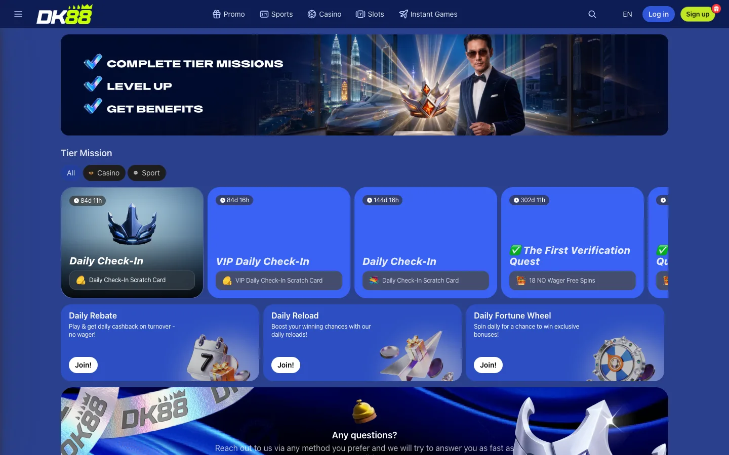 DK88 SGD VIP lobby with tier missions, verification quests and VIP perks