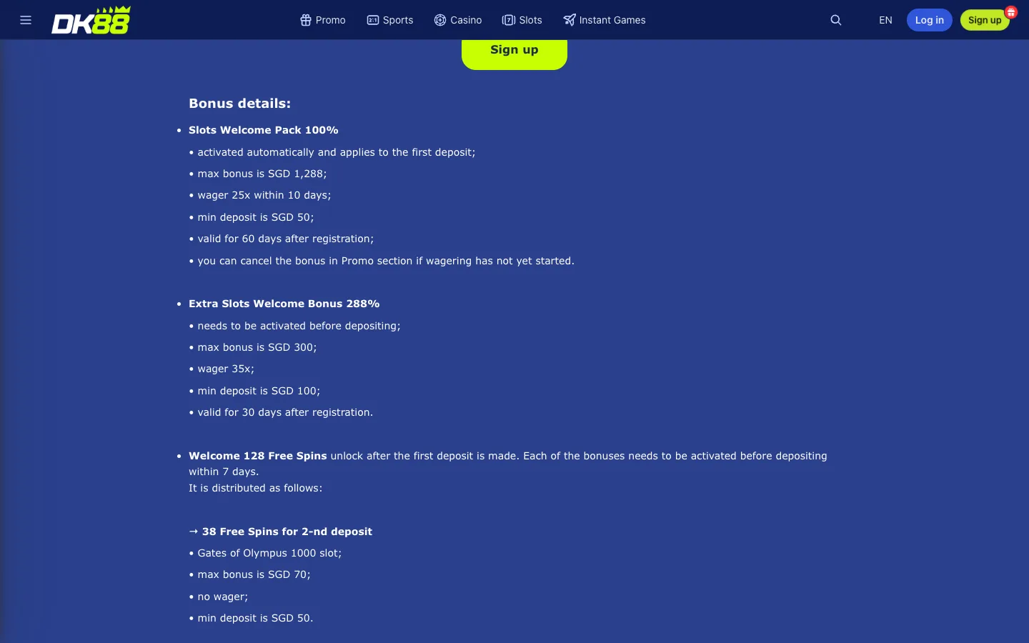 DK88 SGD welcome bonus terms showing a max bonus of SGD 1,288, 25x wagering within 10 days and a SGD 50 minimum deposit