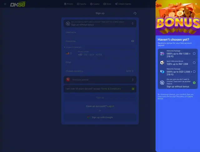 DK88 sign-up screen with the welcome bonus chooser open
