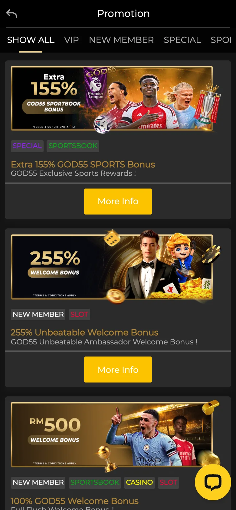 GOD55 promotions page on a phone