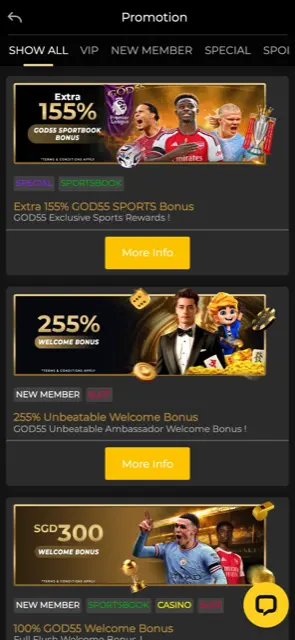 GOD55 Singapore mobile promotions with the 255% welcome bonus and SGD 300 welcome bonus