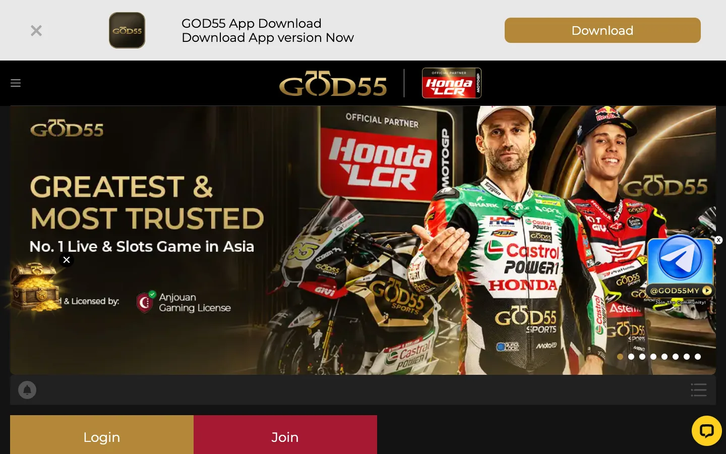 GOD55 Malaysia homepage on desktop with the Honda LCR MotoGP partner banner