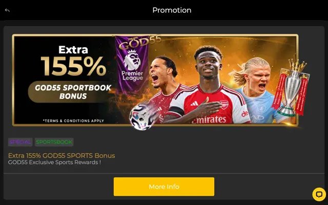 GOD55 promotions page with the Extra 155% GOD55 Sports bonus
