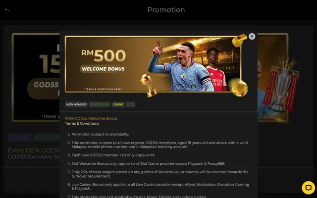 GOD55 100% welcome bonus up to RM500 for sportsbook, casino and slots