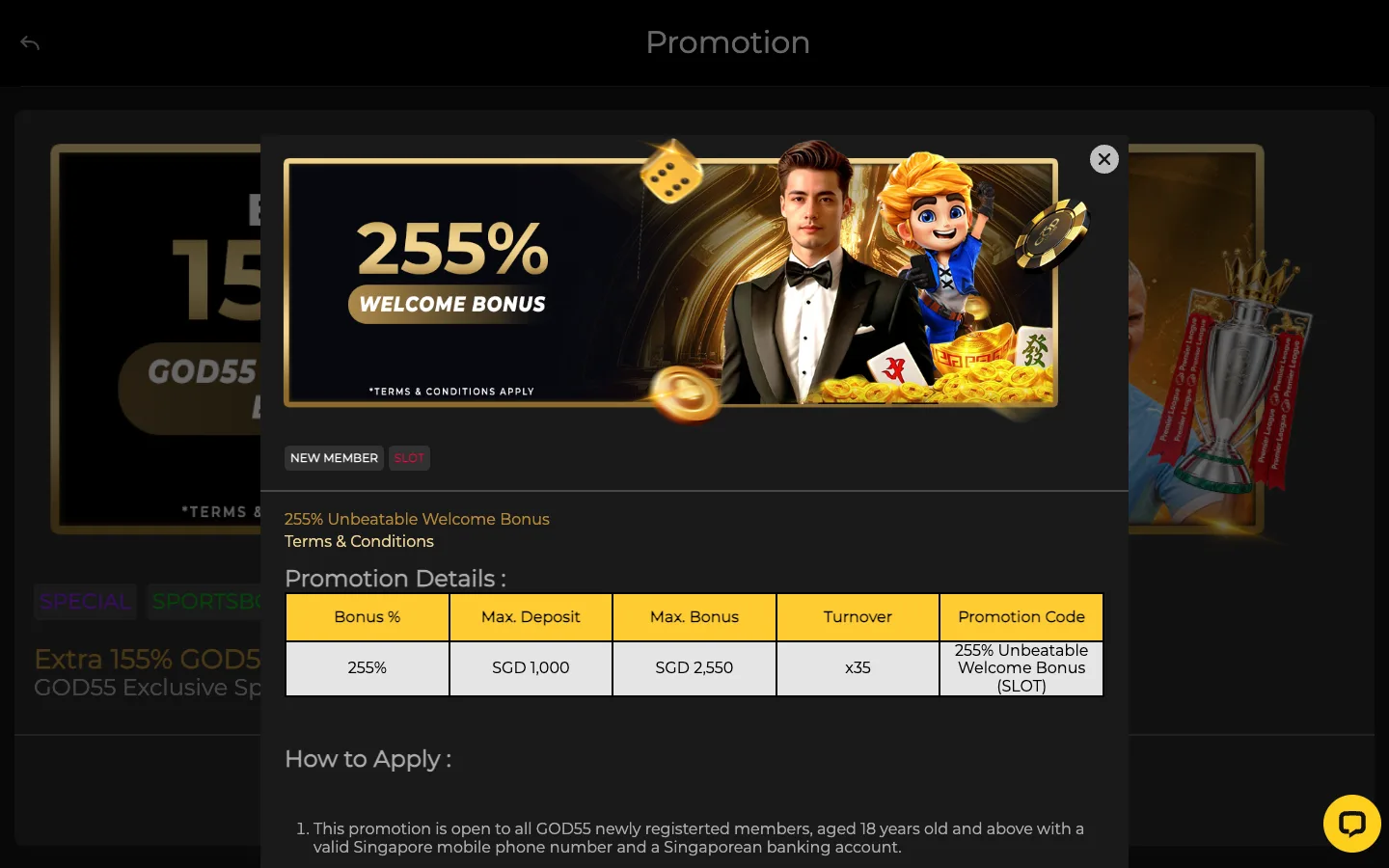 GOD55 255% welcome bonus terms with max deposit SGD 1,000, max bonus SGD 2,550 and x35 turnover