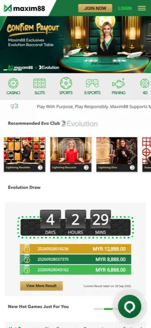 Maxim88 mobile homepage with game category icons and Evolution Draw results
