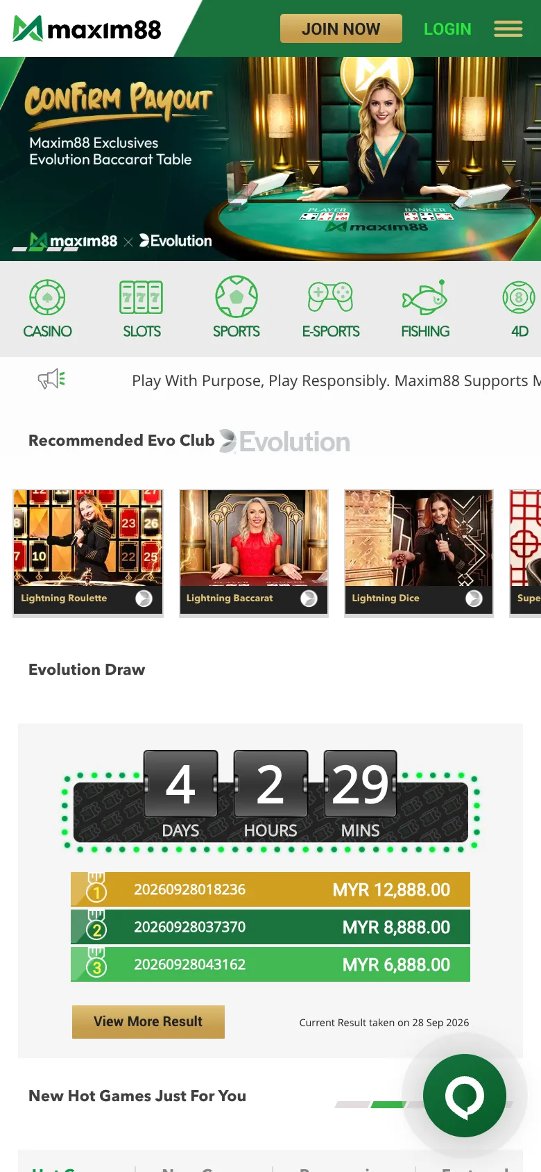 Maxim88 mobile homepage