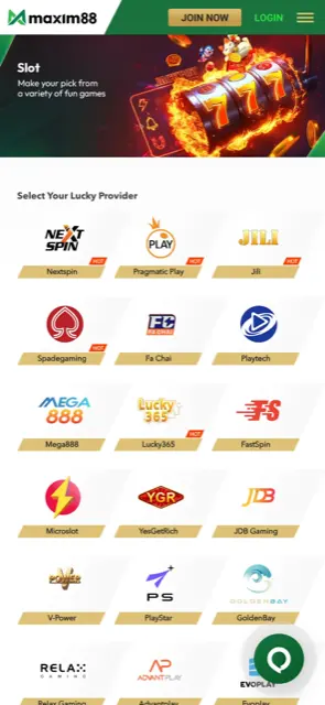 Maxim88 mobile slots page with a grid of slot providers