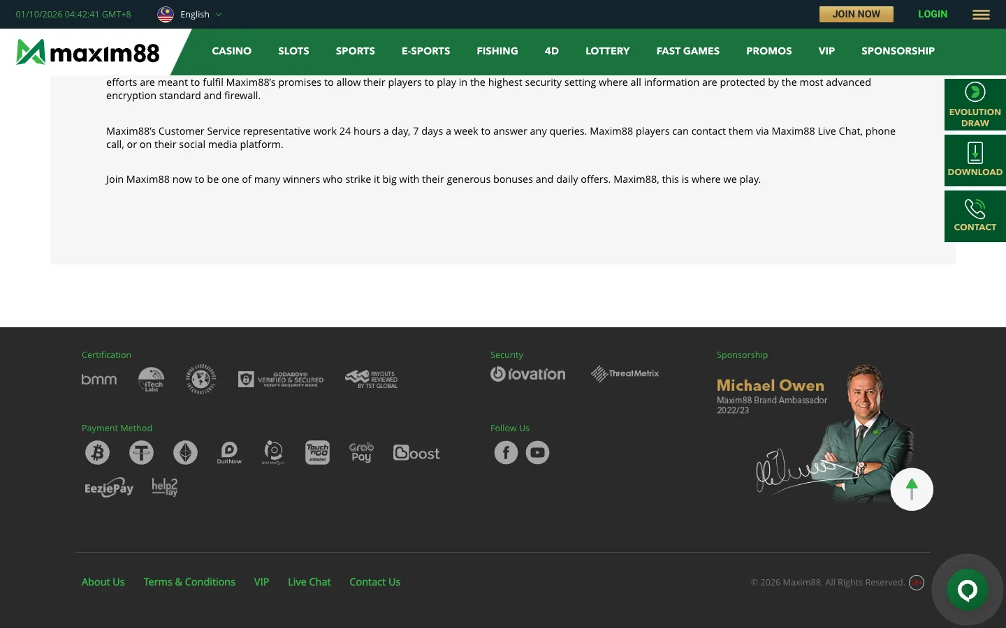 Maxim88 certifications and ambassador in the footer
