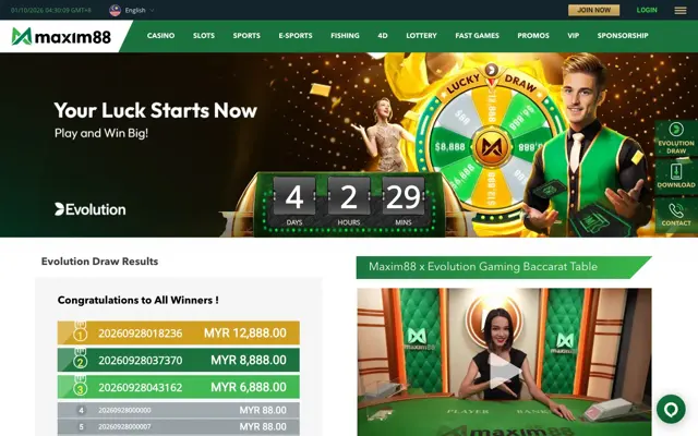 Maxim88 Evolution Draw page with countdown, winners and the Maxim88 x Evolution baccarat table